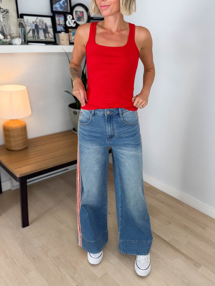 Messer Side Stripe Wide Leg Pant- DENIM