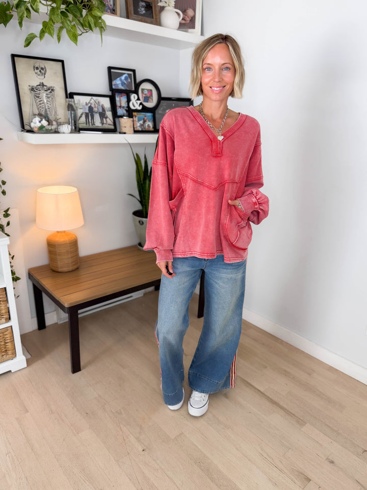 October Washed V-neck Pullover- BOHO RED