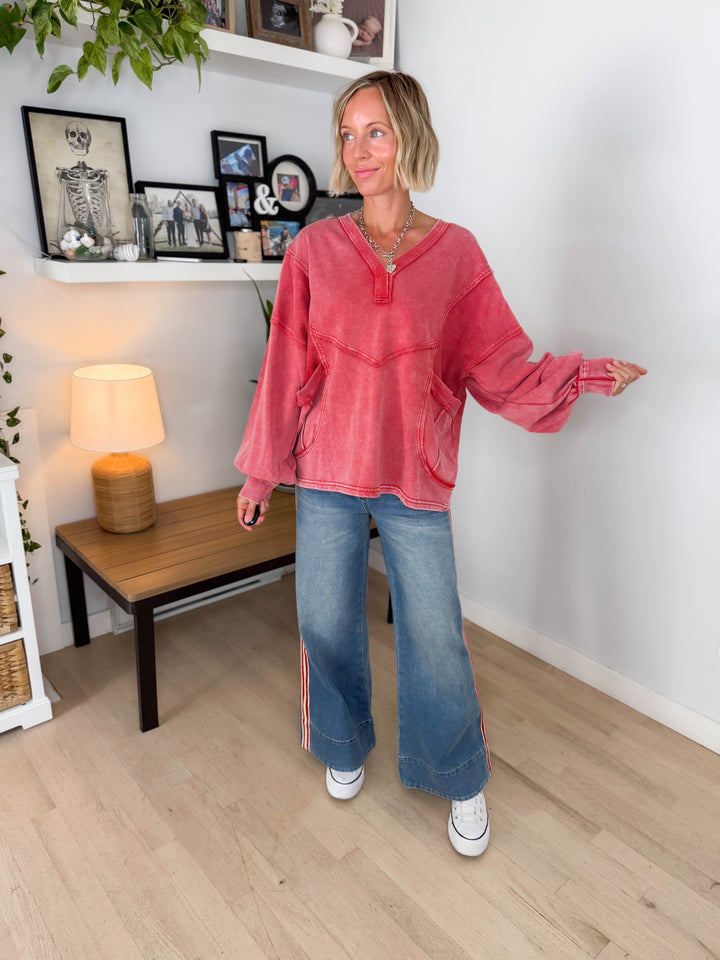 October Washed V-neck Pullover- BOHO RED