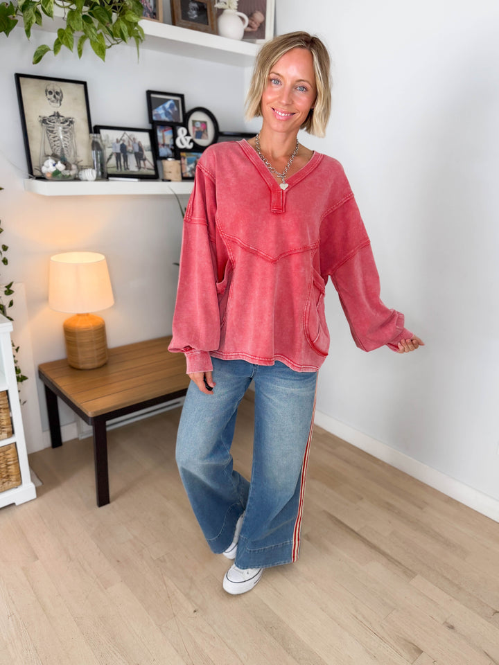 October Washed V-neck Pullover- BOHO RED