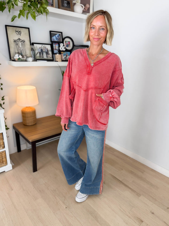 October Washed V-neck Pullover- BOHO RED
