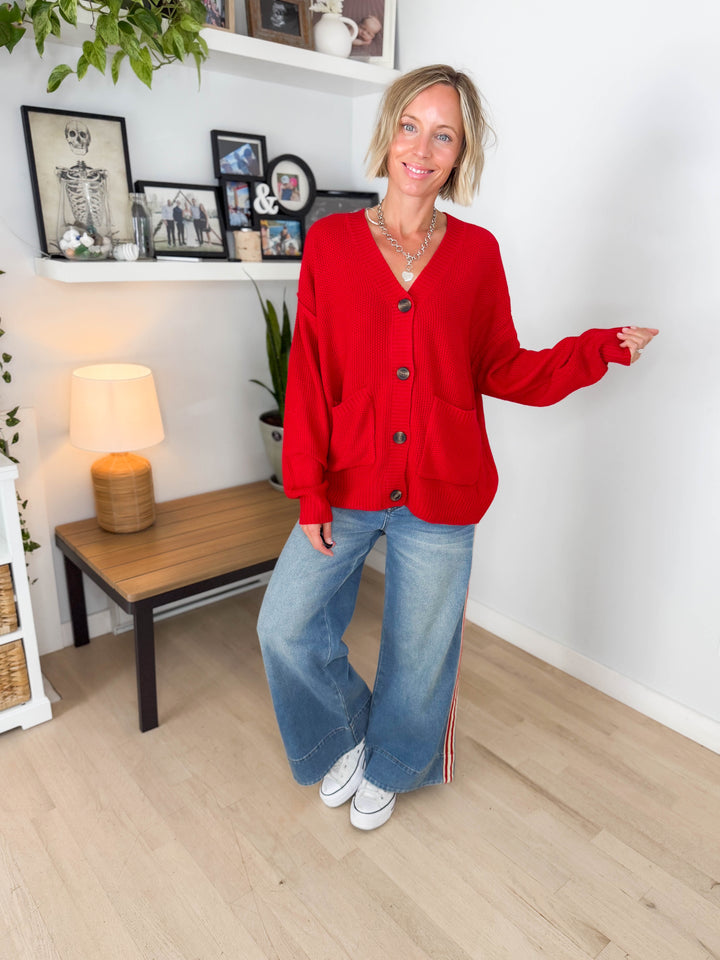 Annabeth Button Down Cardigan- RED