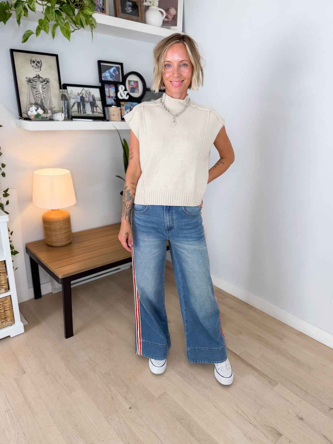 Maben Exposed Seam Mock Neck Sweater Top- OATMEAL
