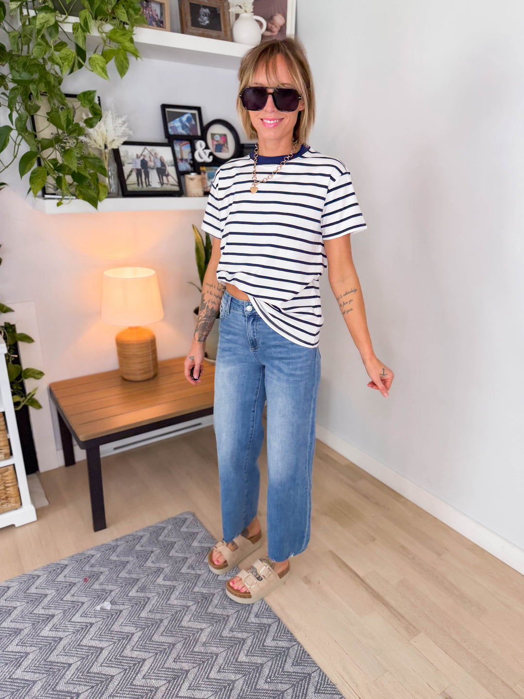 Marlene Striped Cotton T-Shirt- NAVY-FINAL SALE