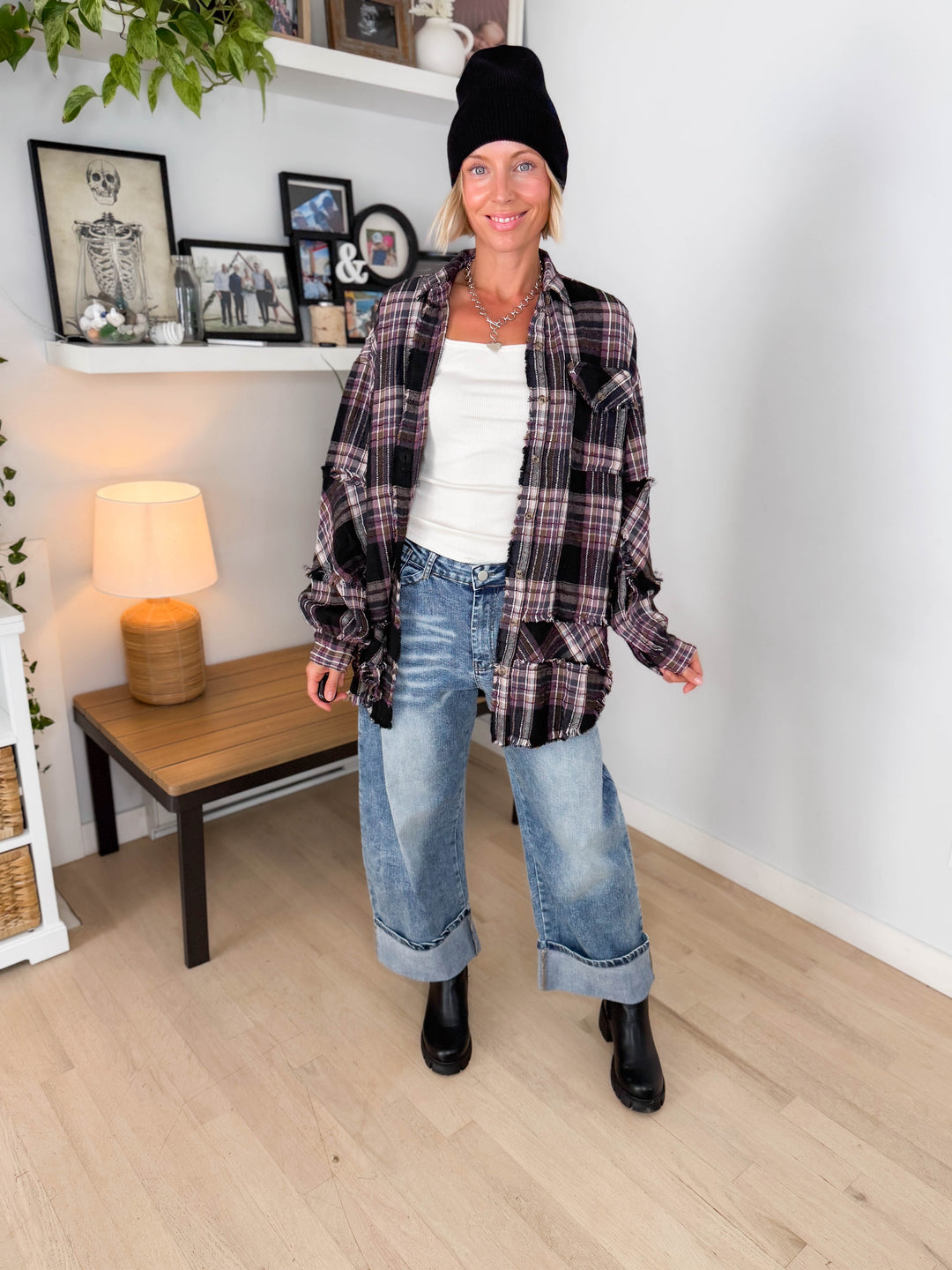 Wildwood Raw Edge Oversized Plaid Shacket- PURPLE