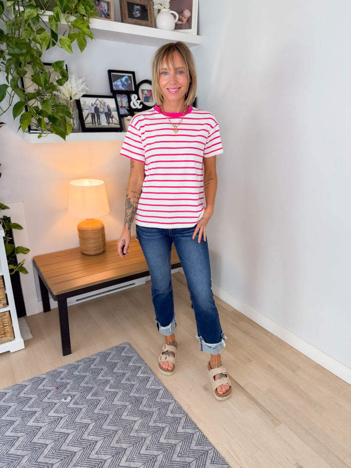 Marlene Striped Cotton T-Shirt- HOT PINK-FINAL SALE