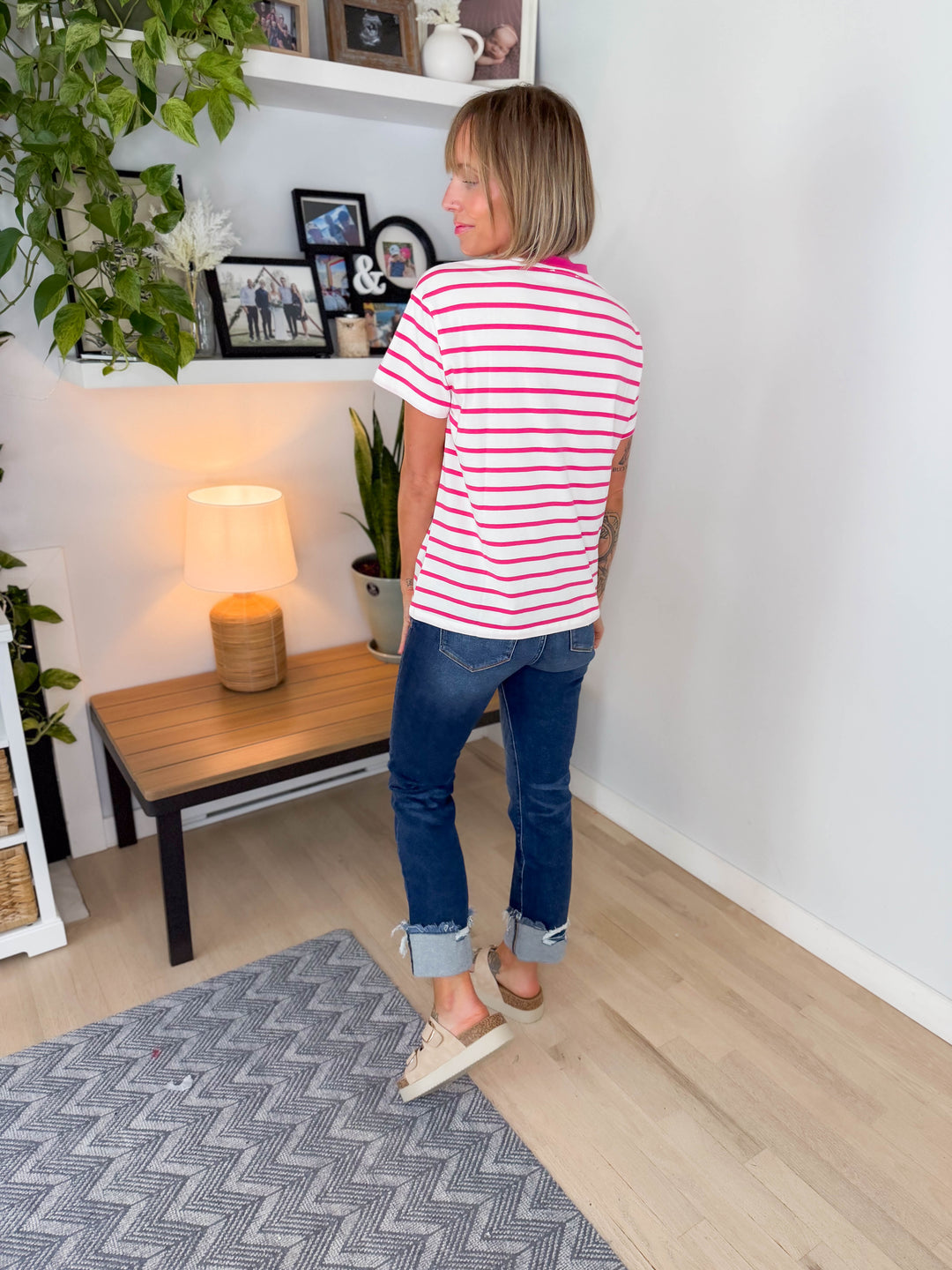 Marlene Striped Cotton T-Shirt- HOT PINK-FINAL SALE
