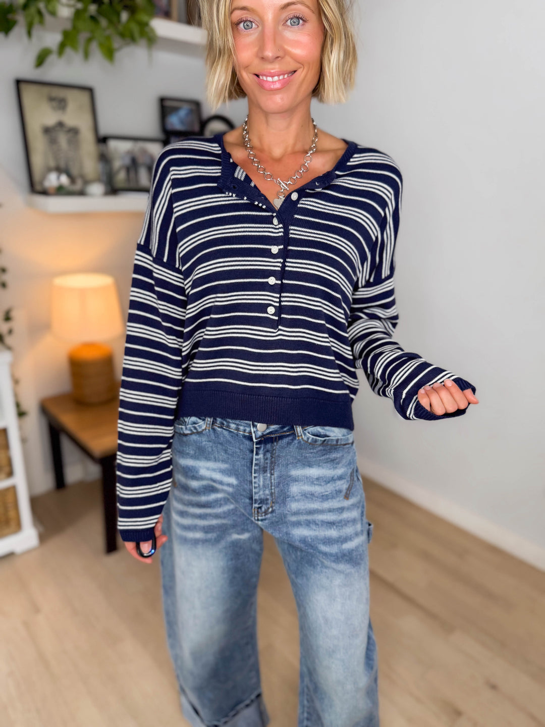 Merrit Stripe Cardigan- NAVY