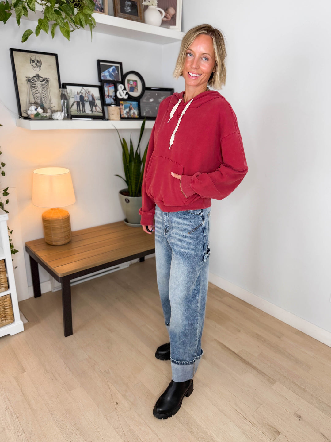 Lowen Washed Pullover Hoodie- DARK RED