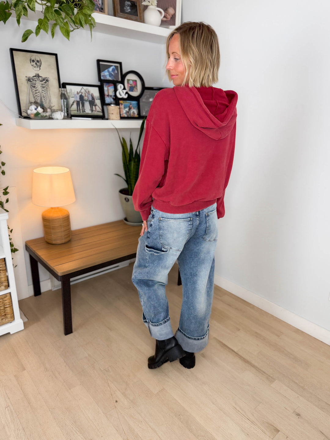 Lowen Washed Pullover Hoodie- DARK RED