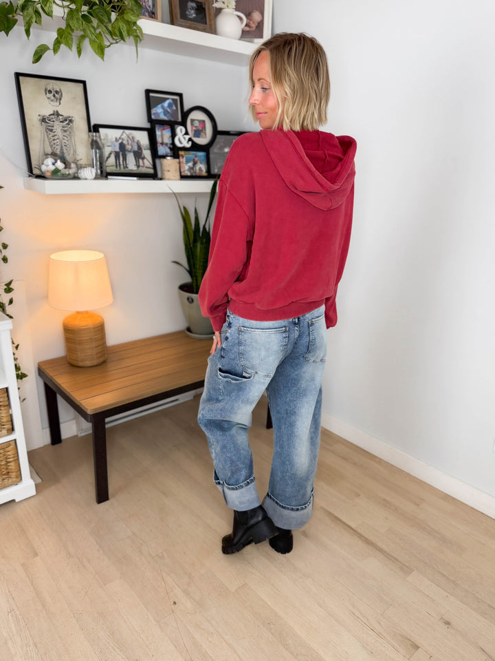 Lowen Washed Pullover Hoodie- DARK RED