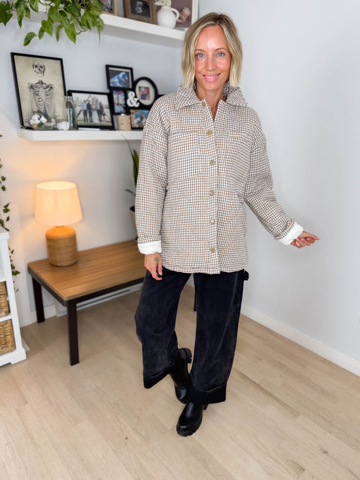 Cozywood Checker Print Puffer Shacket- NEUTRAL