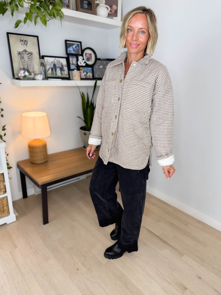 Cozywood Checker Print Puffer Shacket- NEUTRAL