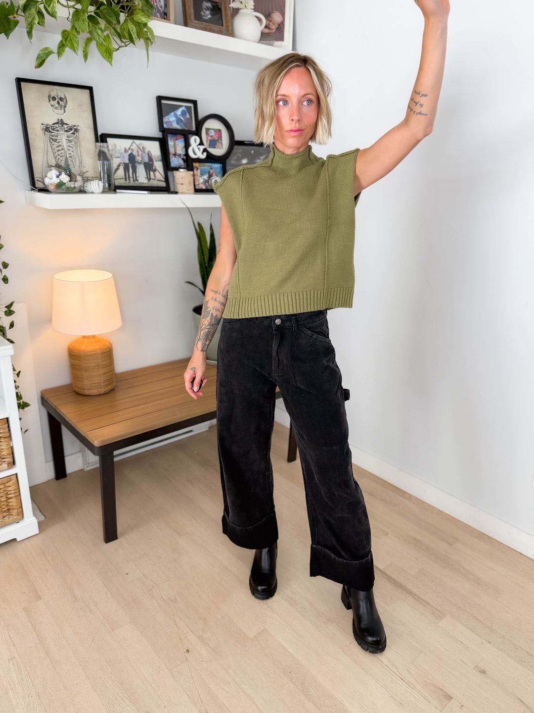 Maben Exposed Seam Mock Neck Sweater Top- DRY HERB