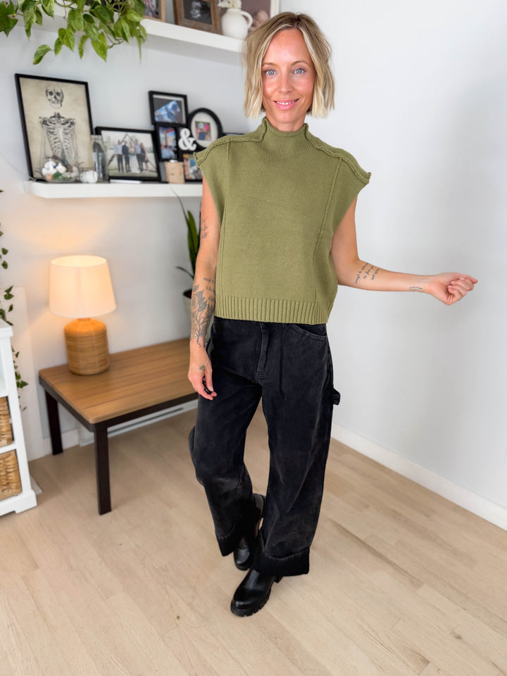 Maben Exposed Seam Mock Neck Sweater Top- DRY HERB