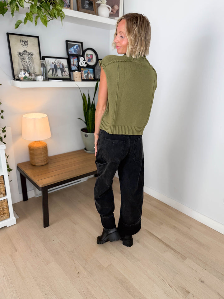 Maben Exposed Seam Mock Neck Sweater Top- DRY HERB