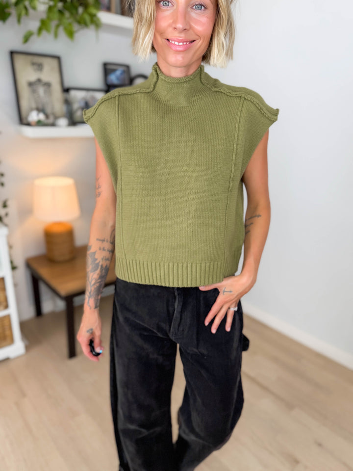Maben Exposed Seam Mock Neck Sweater Top- DRY HERB