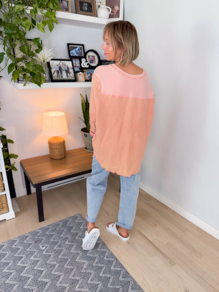 Tove Waffle Tunic Pullover- PEACH PINK