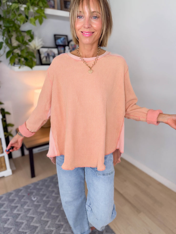 Tove Waffle Tunic Pullover- PEACH PINK