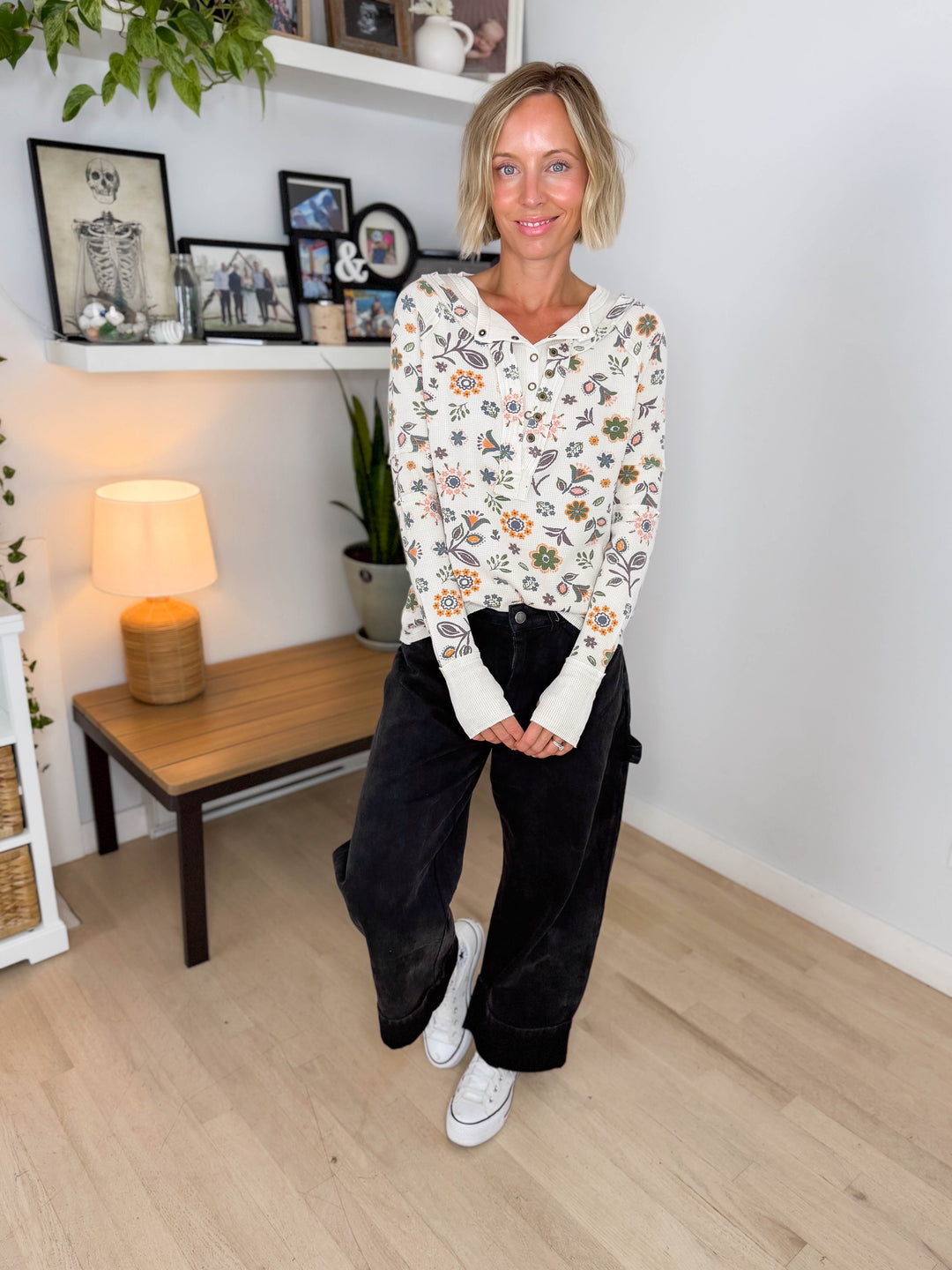 Goldenwood Floral Henley Long Sleeve- ECRU