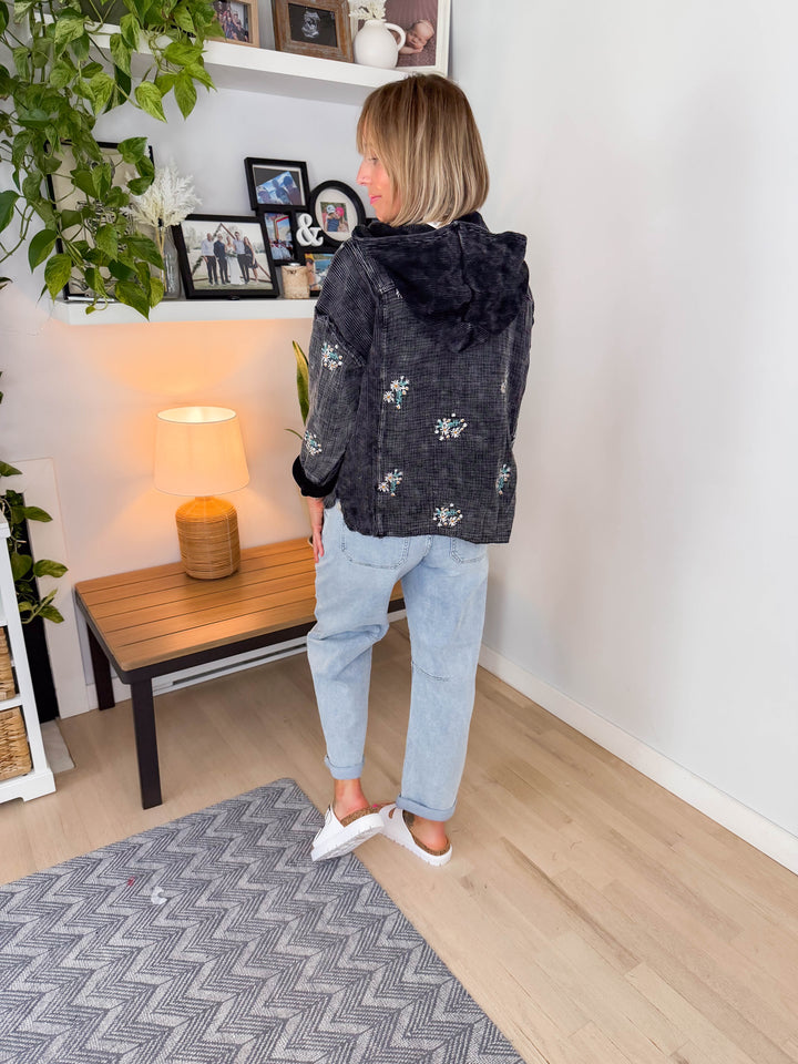 Helena Washed Cotton Gauze Floral Shacket- WASHED BLACK