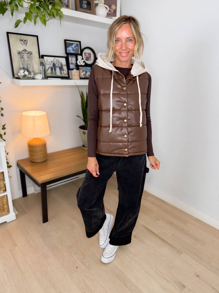 Pumpkin Patch Faux Leather Hoodie Vest- CHESTNUT