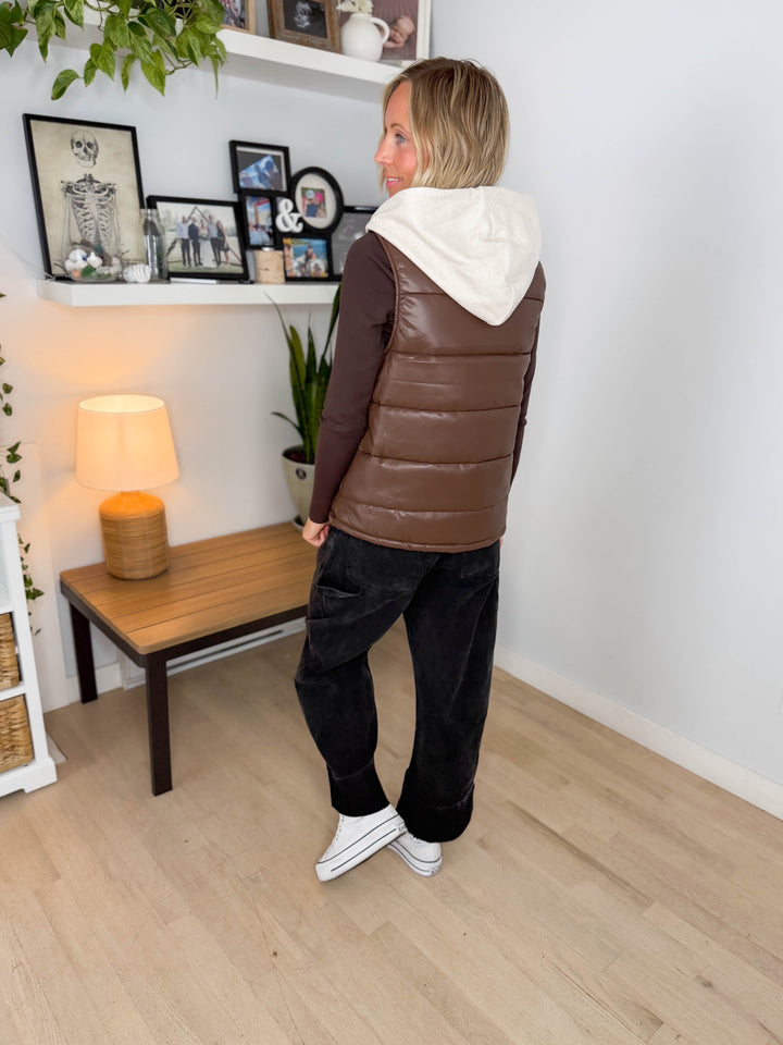 Pumpkin Patch Faux Leather Hoodie Vest- CHESTNUT
