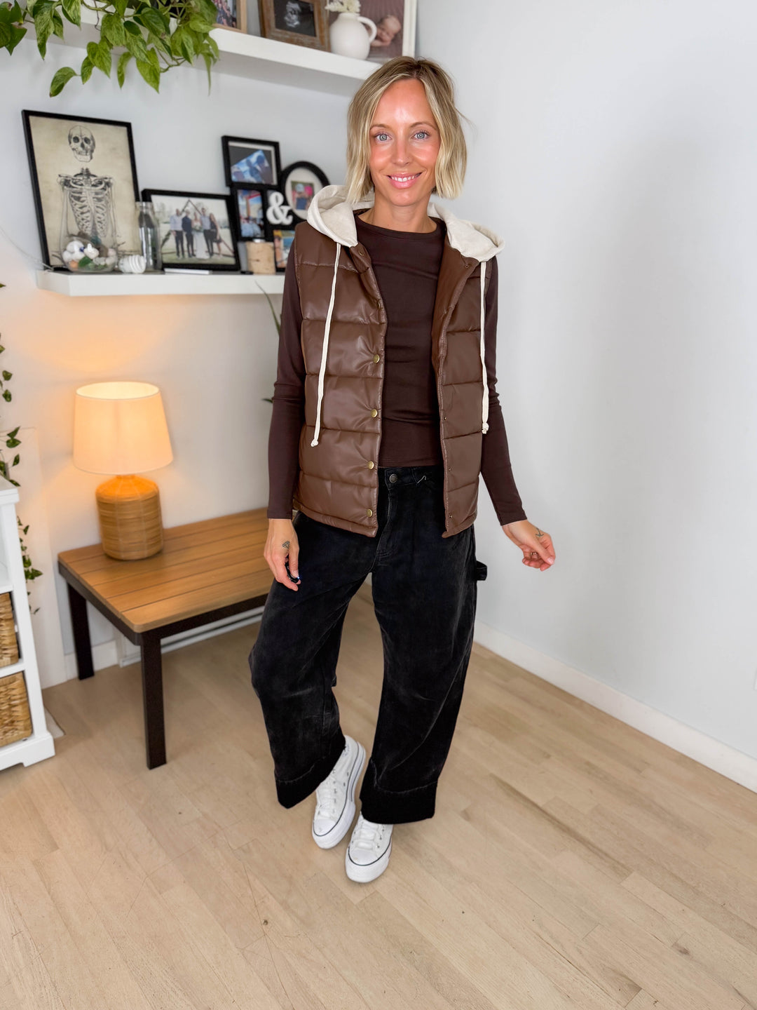 Pumpkin Patch Faux Leather Hoodie Vest- CHESTNUT
