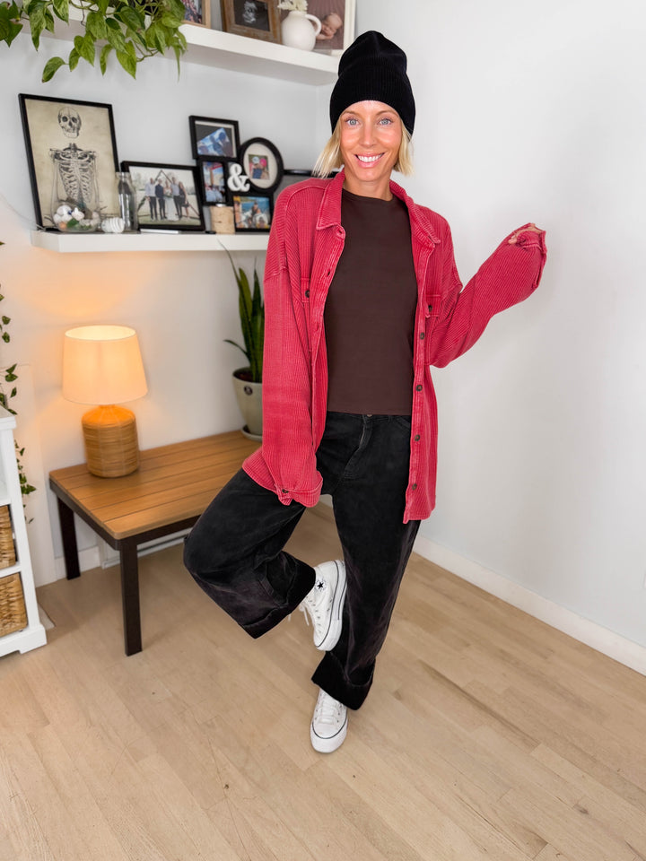 Ivy Waffle Shacket- DARK RED