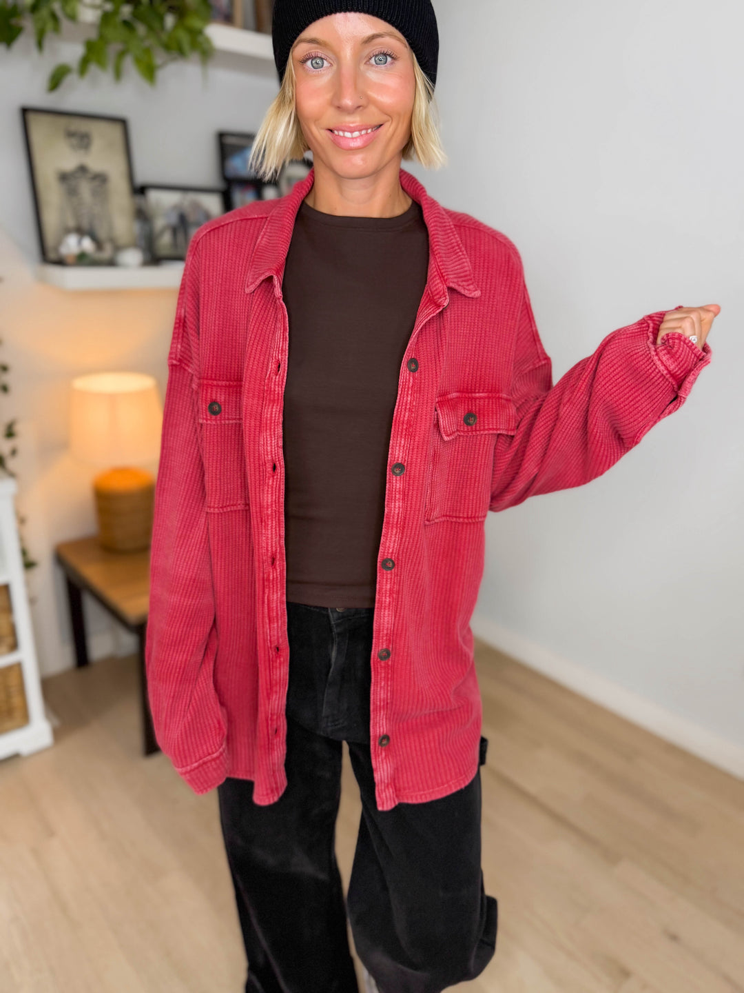 Ivy Waffle Shacket- DARK RED