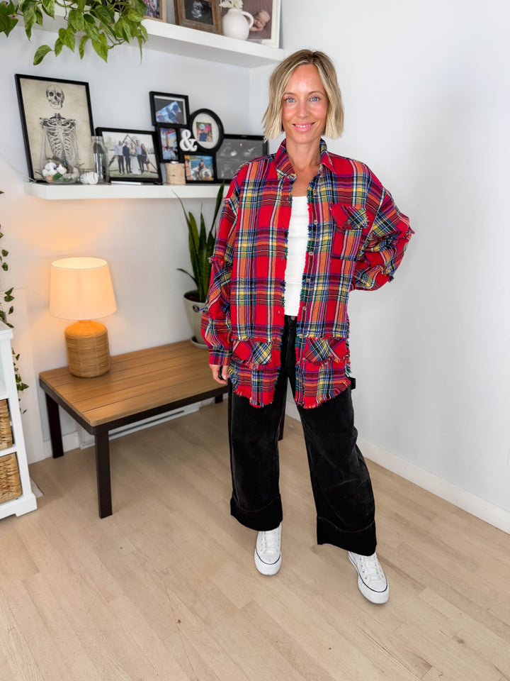 Wildwood Raw Edge Oversized Plaid Shacket- BOHO RED