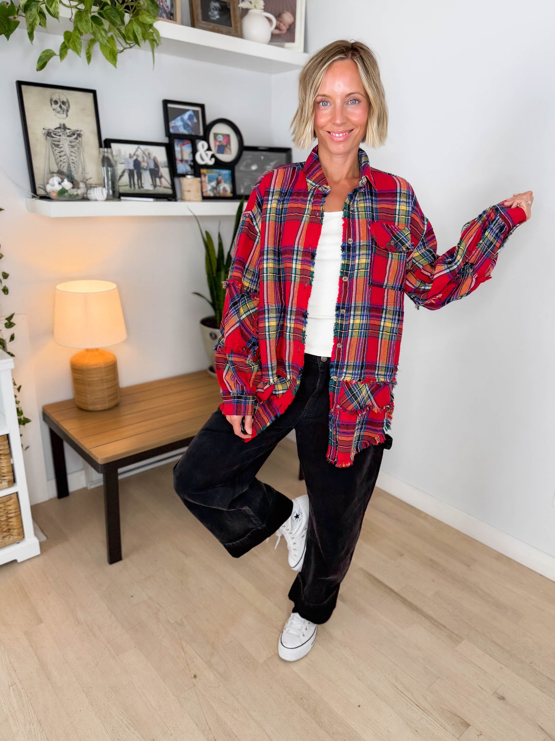 Wildwood Raw Edge Oversized Plaid Shacket- BOHO RED