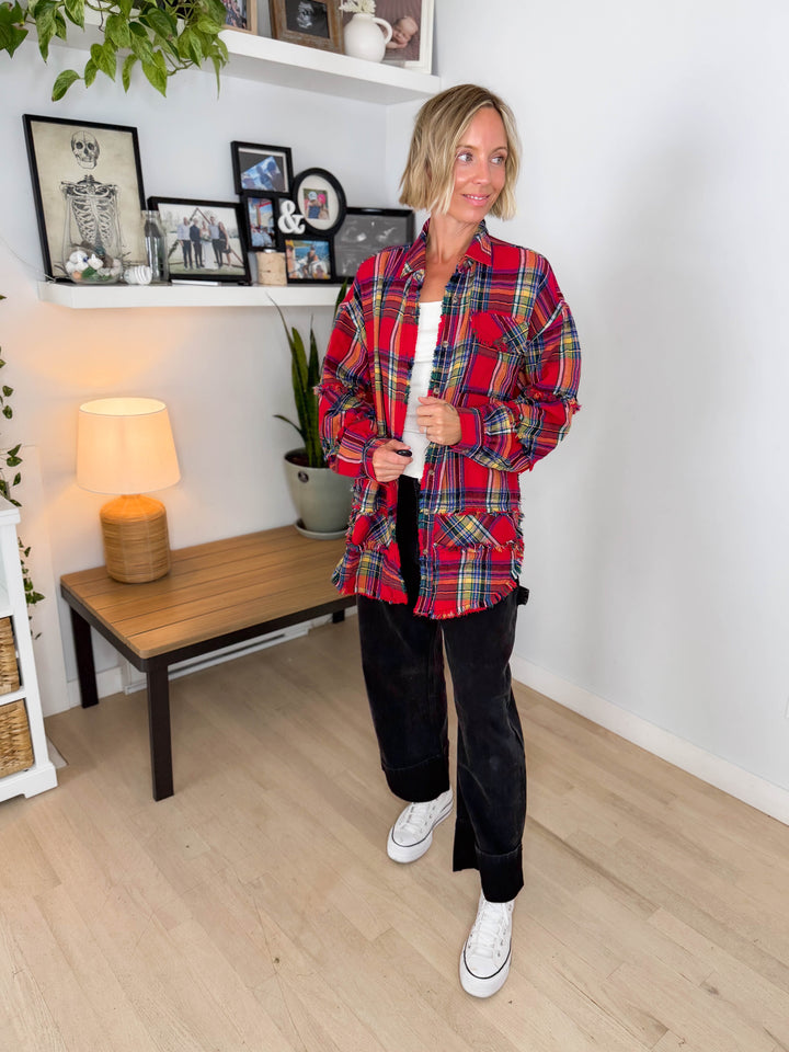 Wildwood Raw Edge Oversized Plaid Shacket- BOHO RED