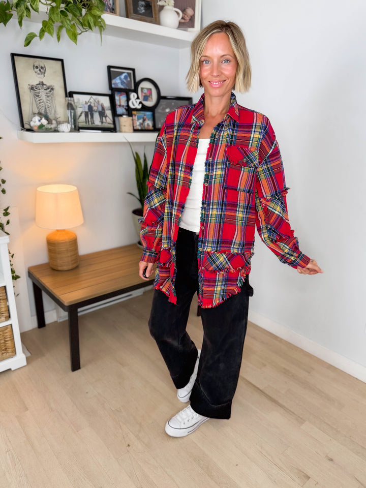 Wildwood Raw Edge Oversized Plaid Shacket- BOHO RED