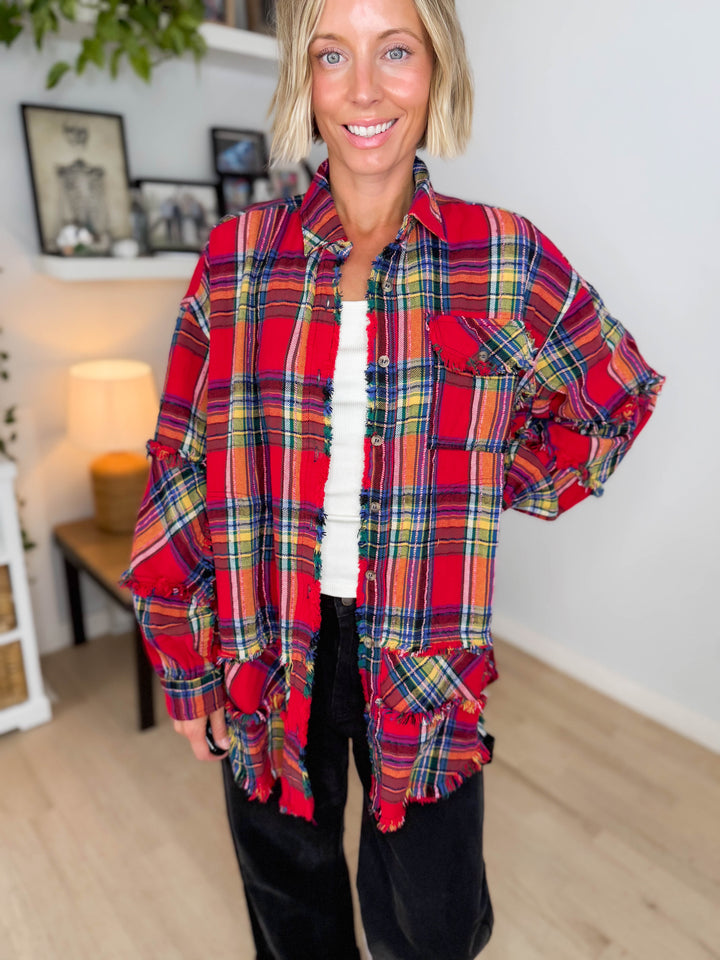 Wildwood Raw Edge Oversized Plaid Shacket- BOHO RED