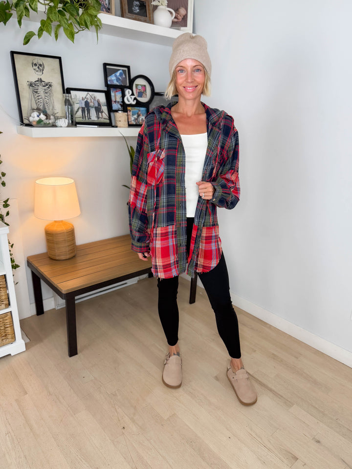 Frances Long Sleeve Plaid Mineral Wash Jacket- RED/NAVY