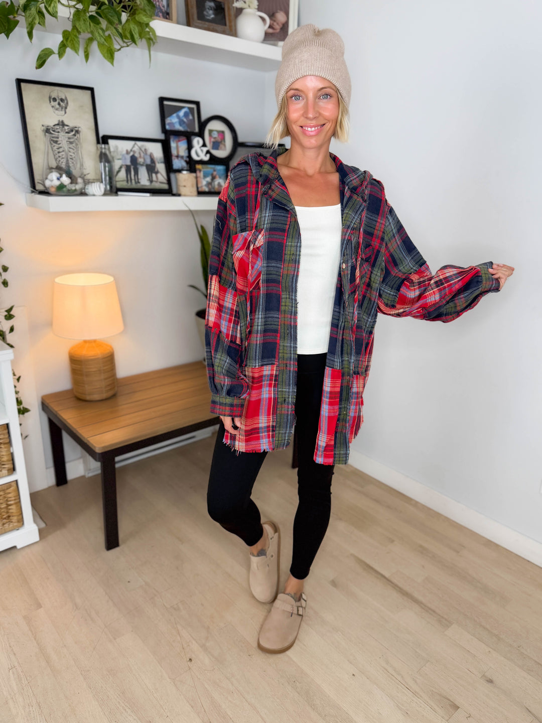 Frances Long Sleeve Plaid Mineral Wash Jacket- RED/NAVY