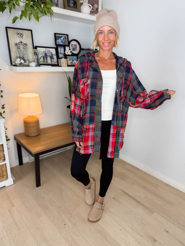 Frances Long Sleeve Plaid Mineral Wash Jacket- RED/NAVY