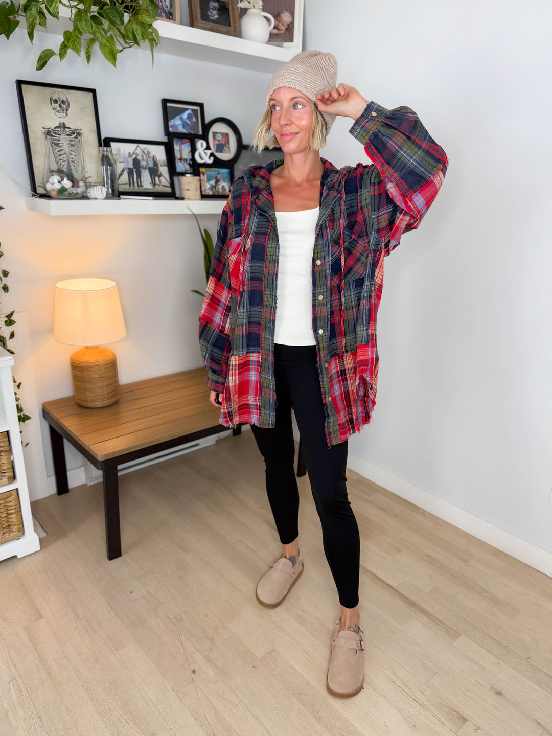Frances Long Sleeve Plaid Mineral Wash Jacket- RED/NAVY