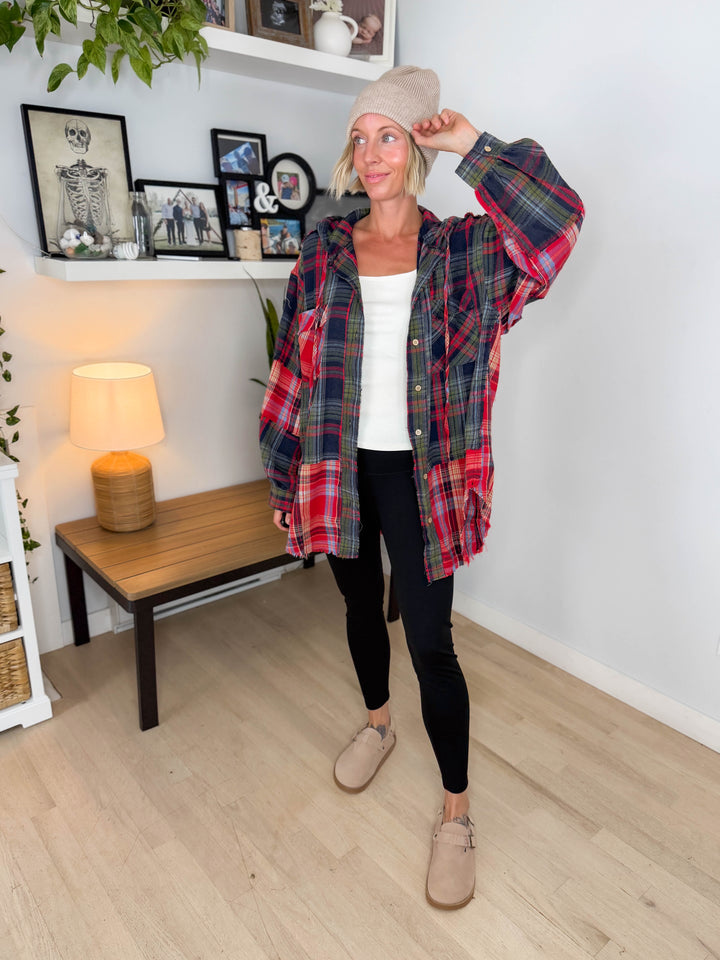 Frances Long Sleeve Plaid Mineral Wash Jacket- RED/NAVY