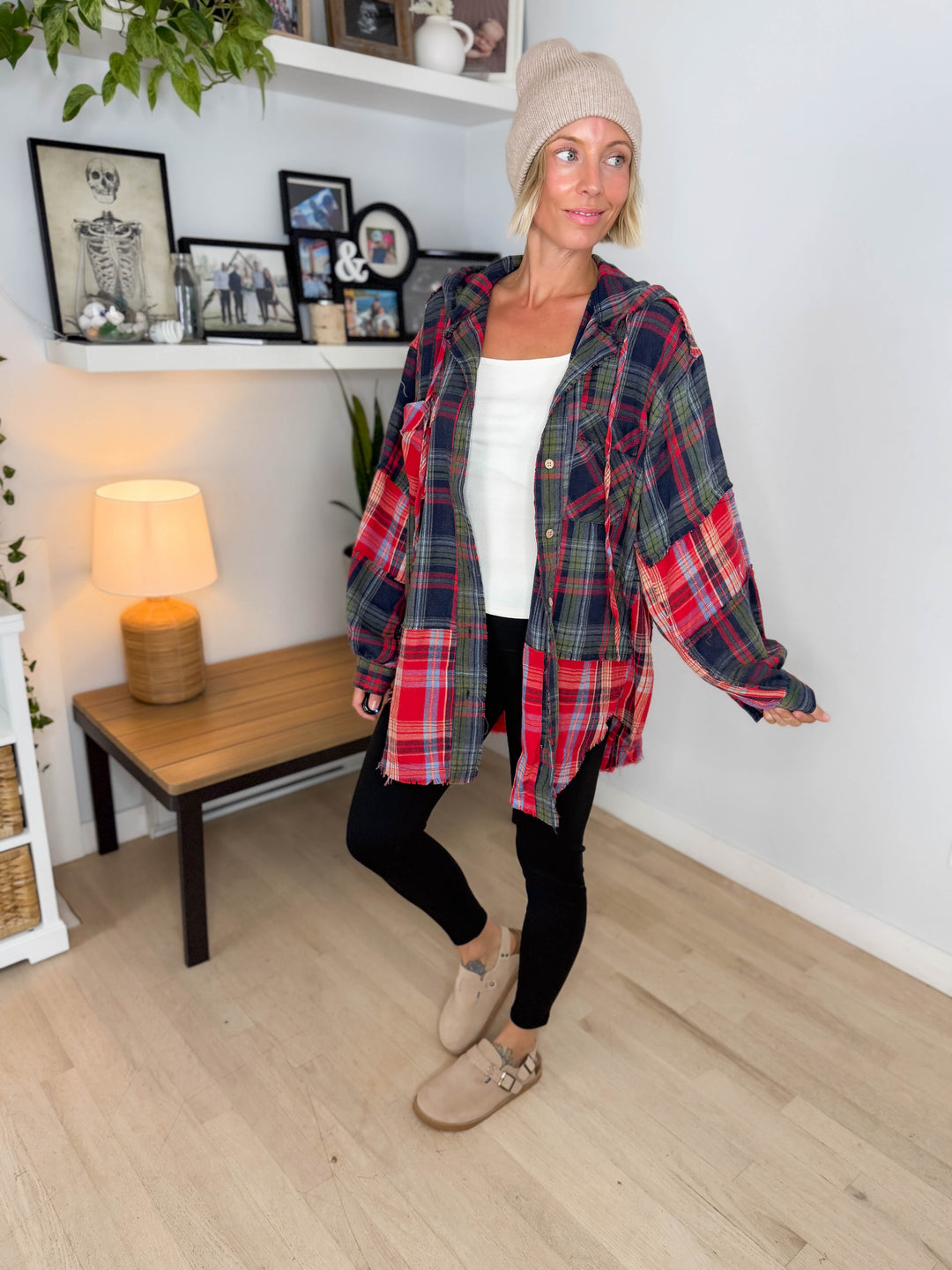 Frances Long Sleeve Plaid Mineral Wash Jacket- RED/NAVY