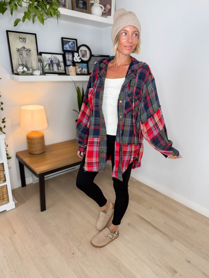 Frances Long Sleeve Plaid Mineral Wash Jacket- RED/NAVY