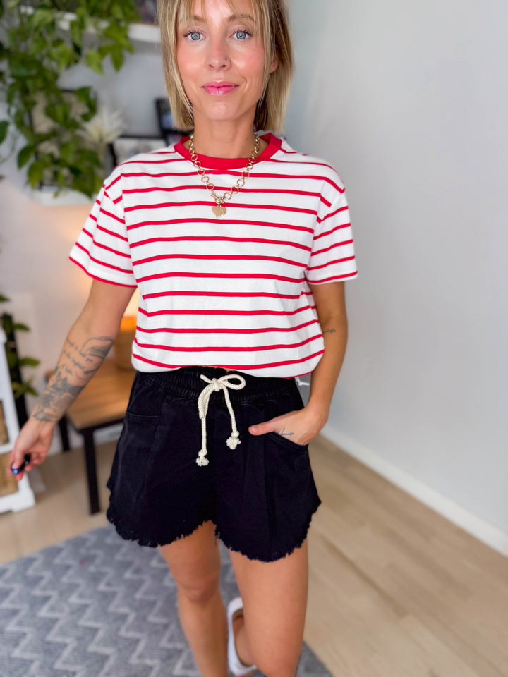 Marlene Striped Cotton T-Shirt- RUBY-FINAL SALE