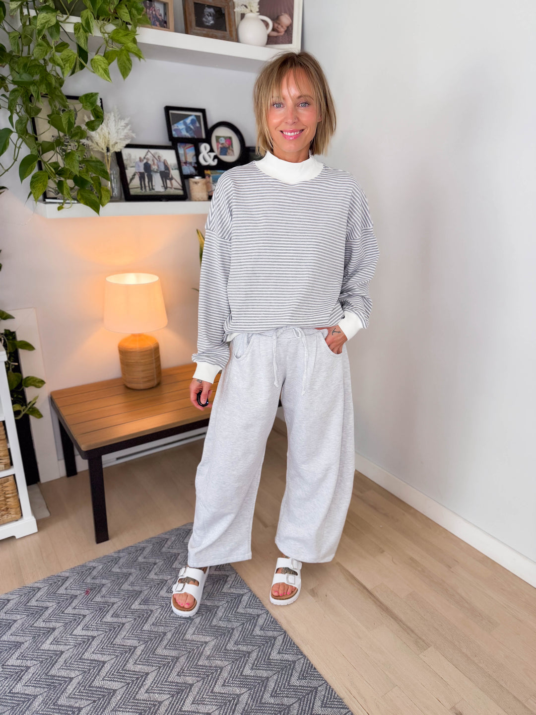 Annika Mock Neck Stripe Sweatshirt Top- HEATHER GREY