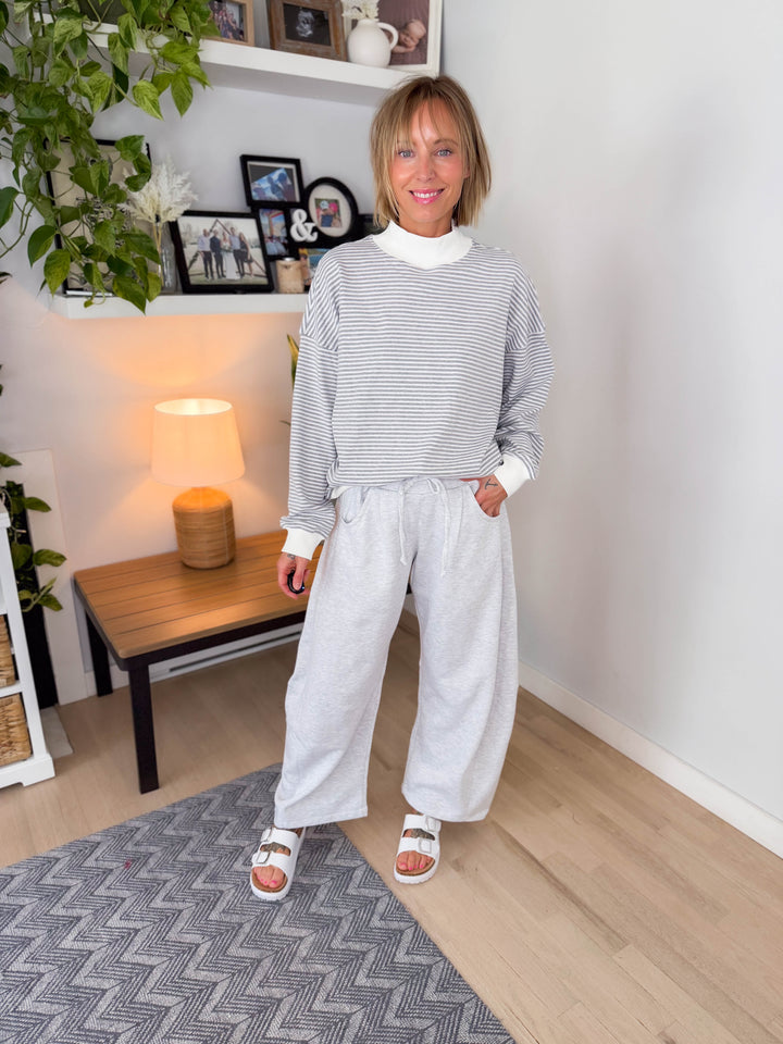 Annika Mock Neck Stripe Sweatshirt Top- HEATHER GREY