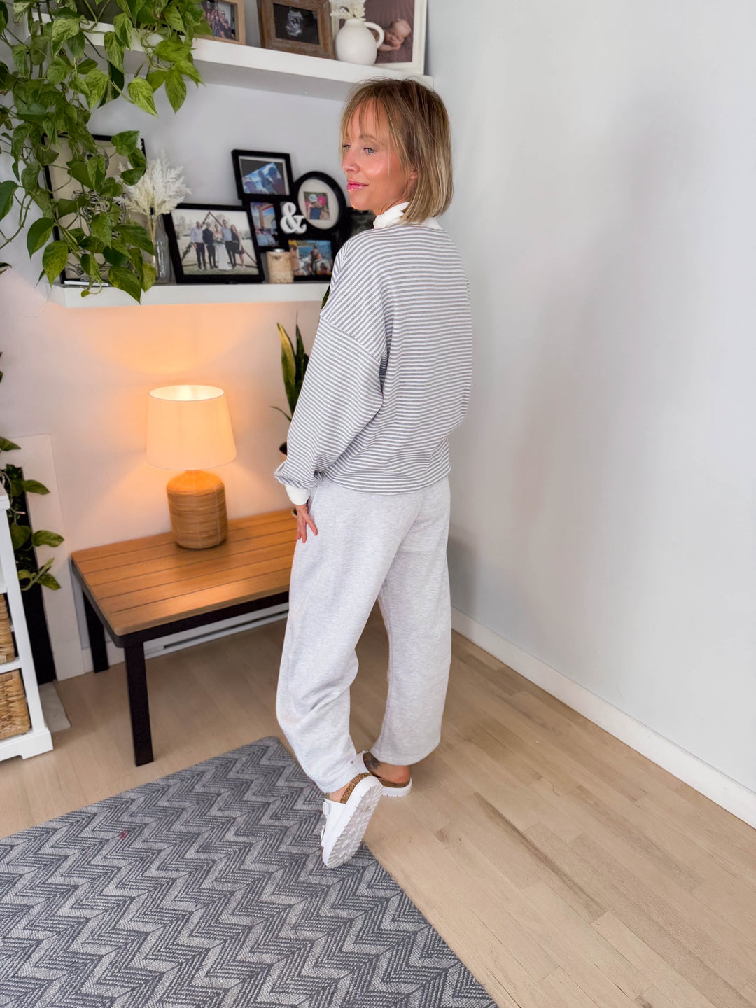 Annika Mock Neck Stripe Sweatshirt Top- HEATHER GREY