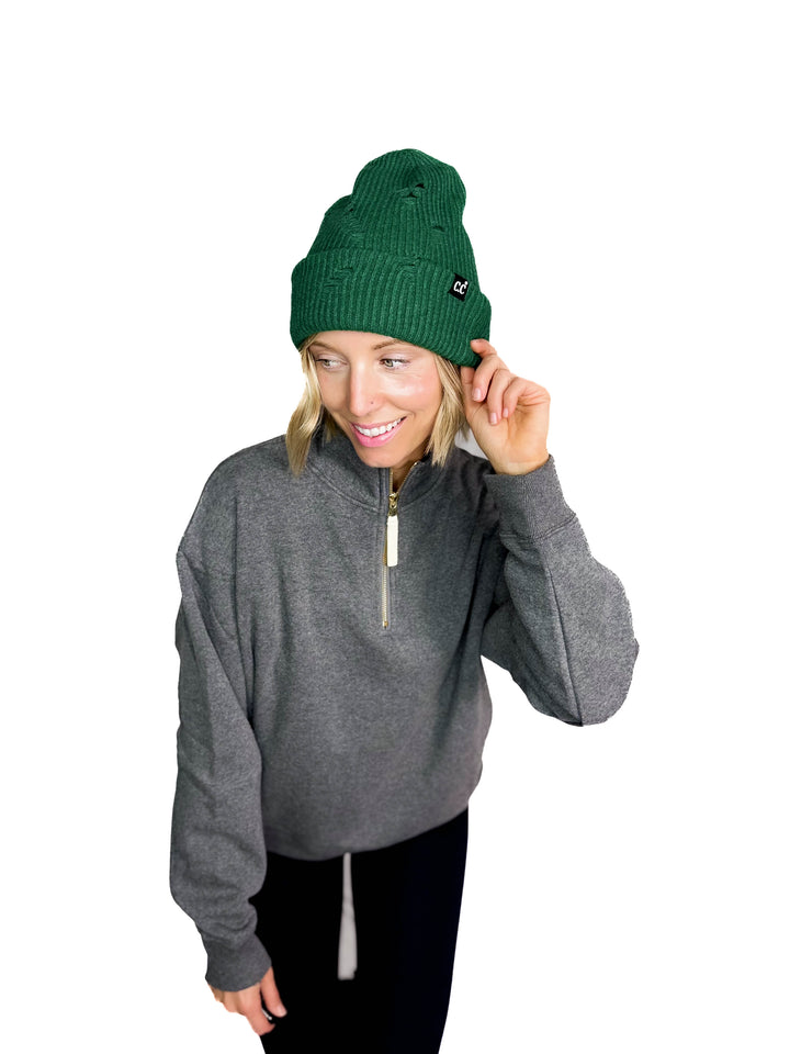 CC Distressed Beanie- DARK GREEN