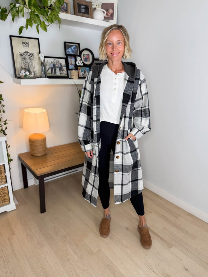 Pinewood Long Line Hooded Plaid Shacket- BLACK