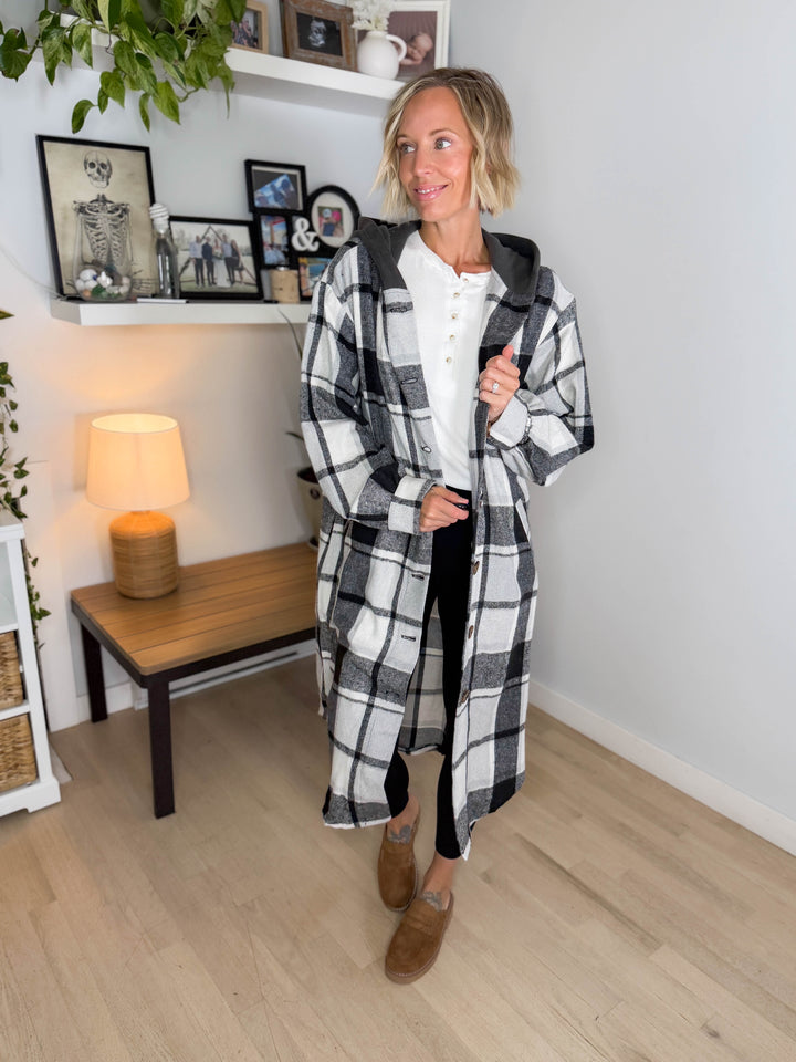 Pinewood Long Line Hooded Plaid Shacket- BLACK