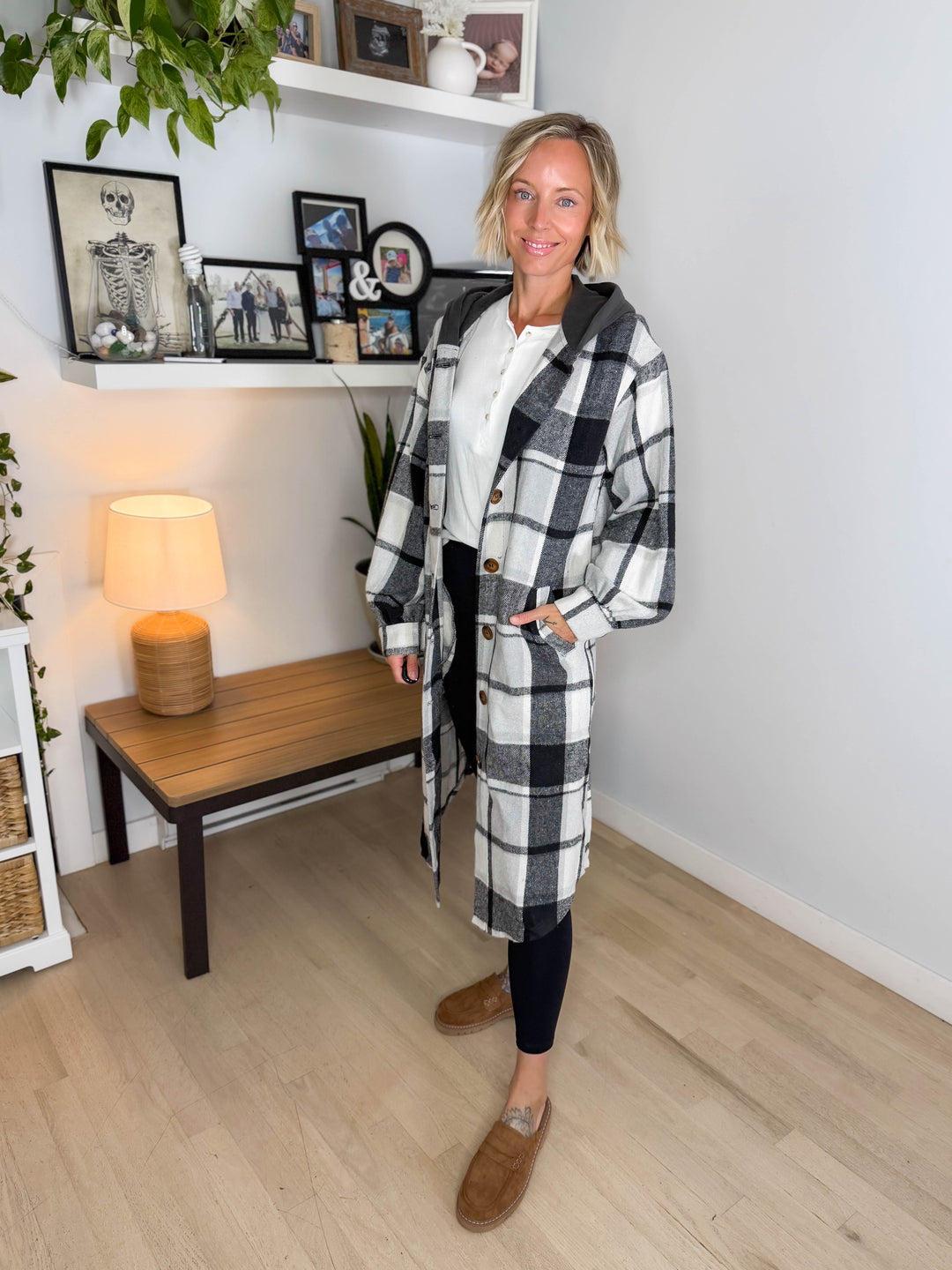 Pinewood Long Line Hooded Plaid Shacket- BLACK